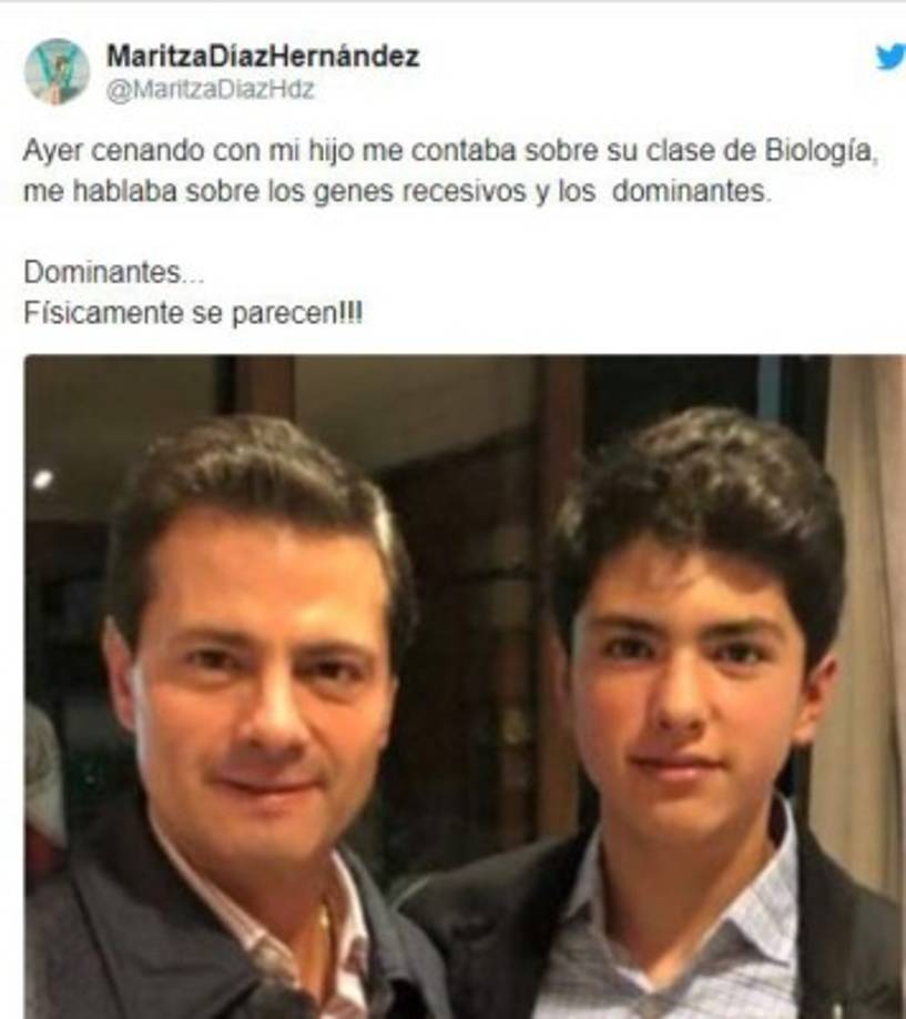 'Ayer cenando con mi hijo me contaba sobre su clase de Biología, me hablaba sobre los genes recesivos y los dominantes.<br/><br/>Dominantes... <br/>Físicamente se parecen!!!', escribió la madre del joven meses atrás junto a esta foto en la que aparece el exmandatario y Diego.
