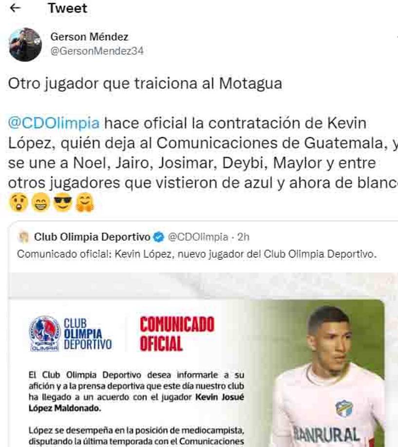 “Otro jugador que traiciona al Motagua”, fue el mensaje del periodista Gerson Méndez.