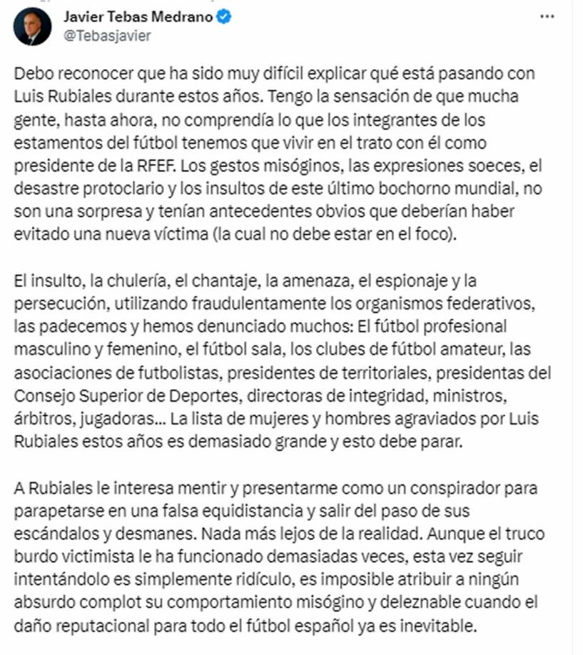 Javier Tebas, presidente de la Liga Española, cargó contra Luis Rubiales por su no dimisión.