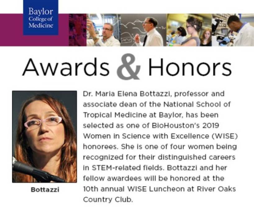 La doctora María Elena Bottazzi fue seleccionada en 2019 como una de las 'Mujeres en la ciencia con excelencia' por BioHouston.