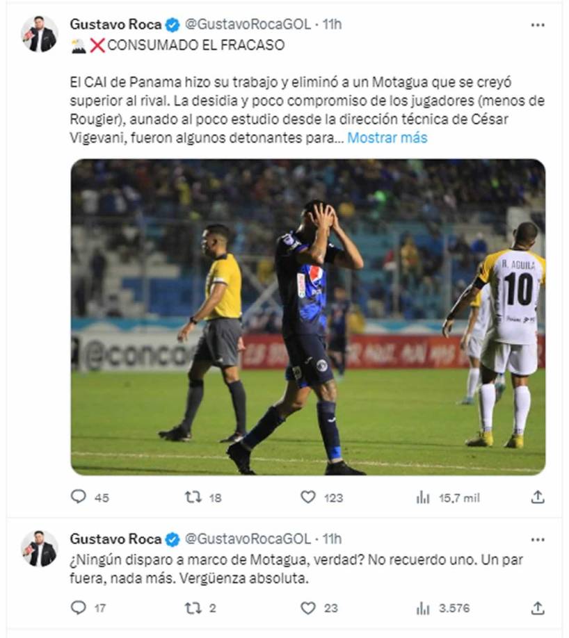 Gustavo Roca, periodista de Diario Diez, fue muy critico con los azules: “Consumado el fracaso. El CAI de Panama hizo su trabajo y eliminó a un Motagua que se creyó superior al rival. La desidia y poco compromiso de los jugadores (menos de Rougier), aunado al poco estudio desde la dirección técnica de César Vigevani, fueron algunos detonantes para que el Ciclón Azul mostrara una de sus caras más pálidas en los últimos torneos de Concacaf”.