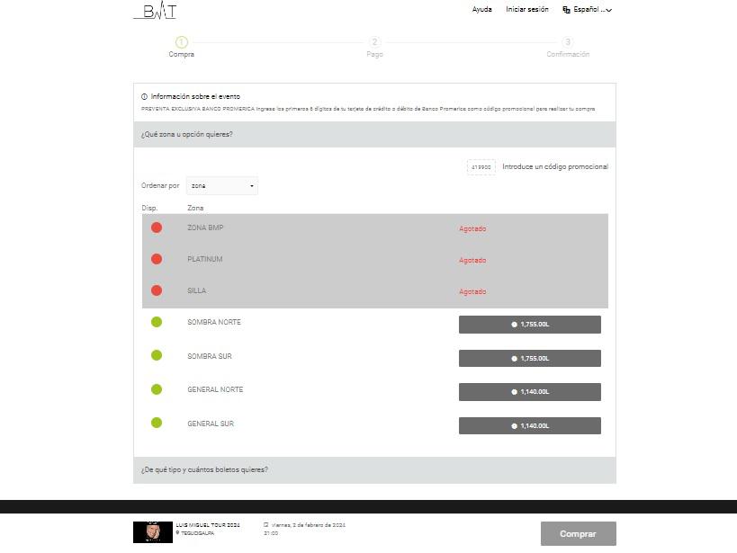 Imagen del sitio oficial de BMTicket donde muestra las entradas ya agotadas.