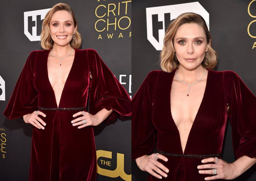 Elizabeth Olsen con un elegante vestido de mangas en color ocre.