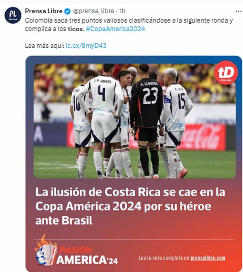 Prensa Libre de Guatemala - “Colombia saca tres puntos valiosos clasificándose a la siguiente ronda y complica a los ticos”.