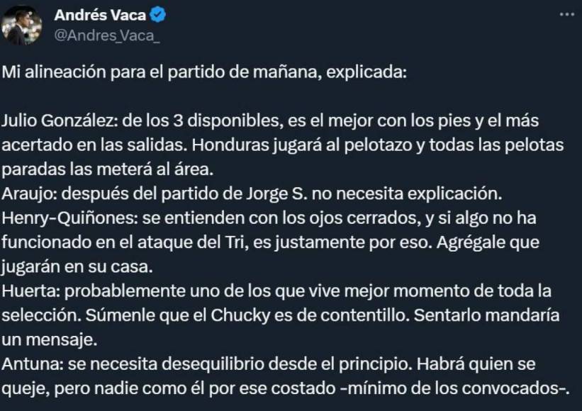 Andrés Vaca, periodista mexicano compartió los cambios que haría para la Selección Mexicana en la vuelta ante la Bicolor en el Coloso de Santa Úrsula.