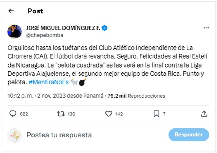 El periodista panameño José Miguel Domínguez, conocido como ‘Chepe Bomba’, felicitó al Real Estelí por la clasificación a la final, pero siempre con su menosprecio llamando “pelota cuadrada” al equipo nicaragüense.