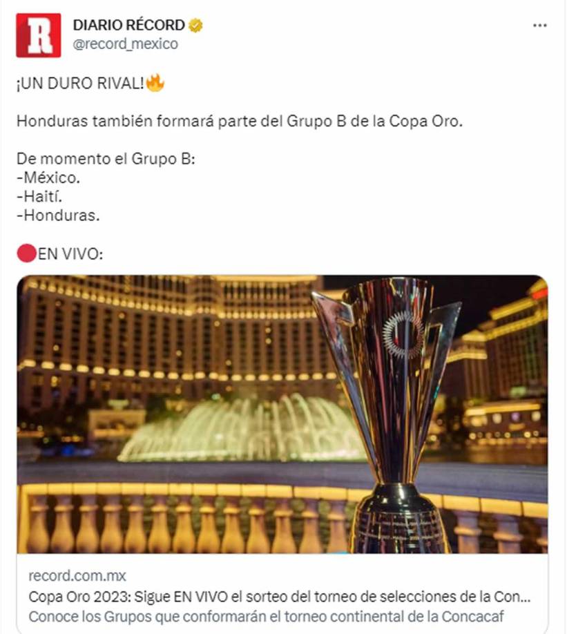 Diario Récord considera a Honduras como “un duro rival”, tras conocer que la Bicolor quedó en el grupo de México en la Copa Oro.
