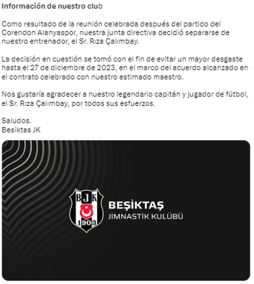 El veterano futbolista y entrenador Riza Çalimbay, leyenda del fútbol turco en los años 1980 y 1990, abandona su cargo como entrenador del Besiktas tras apenas seis semanas, anunció este viernes el club de Estambul.