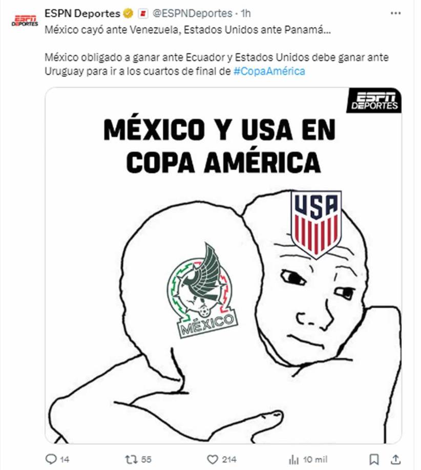 Así comparó ESPN las derrotas de mexicanos y estadounidenses - “México obligado a ganar ante Ecuador y Estados Unidos debe ganar ante Uruguay para ir a los cuartos de final de Copa América”.