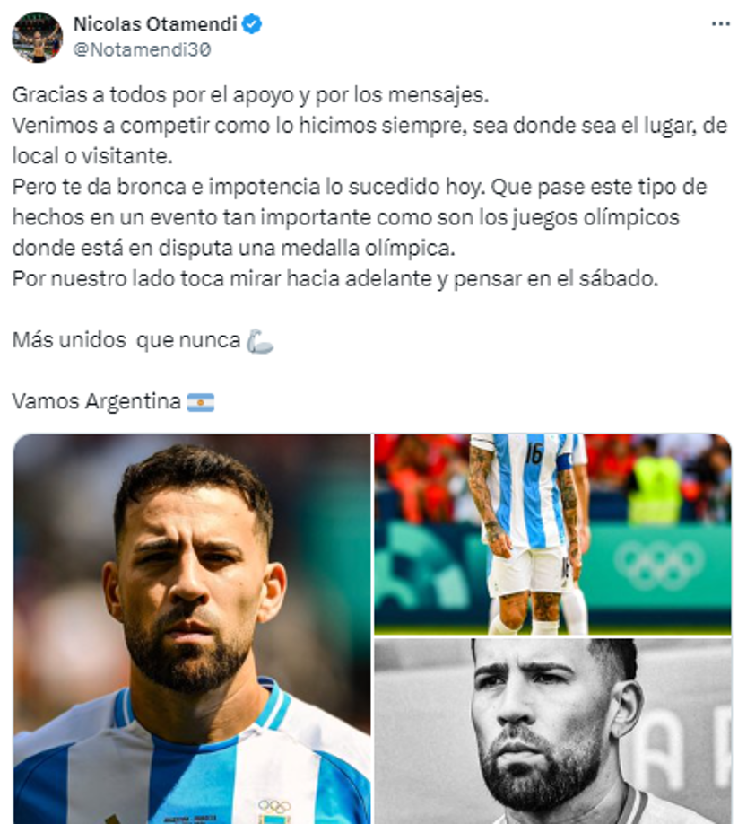El mensaje de Nicolás Otamendi tras su debut en los Juegos Olímpicos de París 2024.