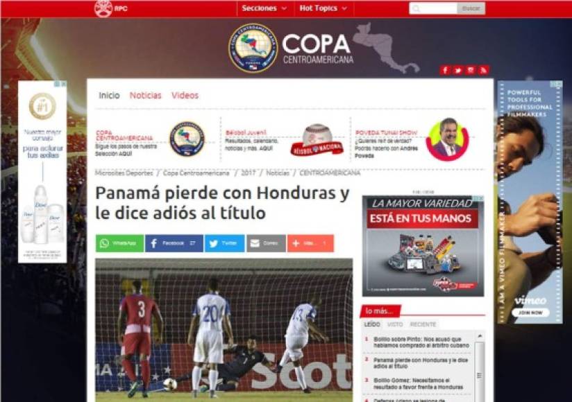 El sitio www.rpctv.com tituló: 'Panamá pierde con Honduras y le dice adiós al título. El único gol del encuentro llegó al minuto 36 a través de un penal muy cuestionado pitado por el árbitro Jair Marrufo que transformó de buena forma el delantero Eddie Hernández'.