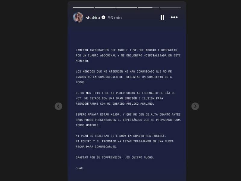 Shakira compartió este mensaje en sus redes sociales, para anunciar a sus fans que está mal de salud.