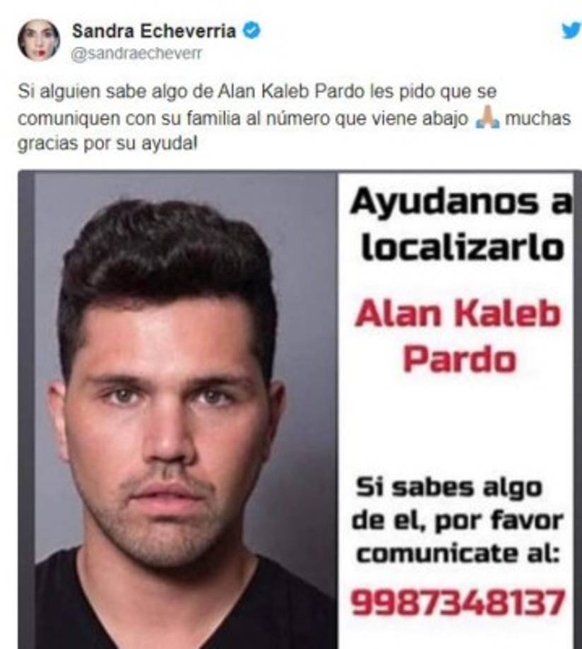 Su familia y amigos reportaron por medio de sus redes sociales la desaparición.<br/><br/>Sandra Echeverría, protagonista de la nueva versión de 'La Usurpadora', se sumó a la búsqueda y colgó en su cuenta Twitter una imagen de él solicitando ayuda.