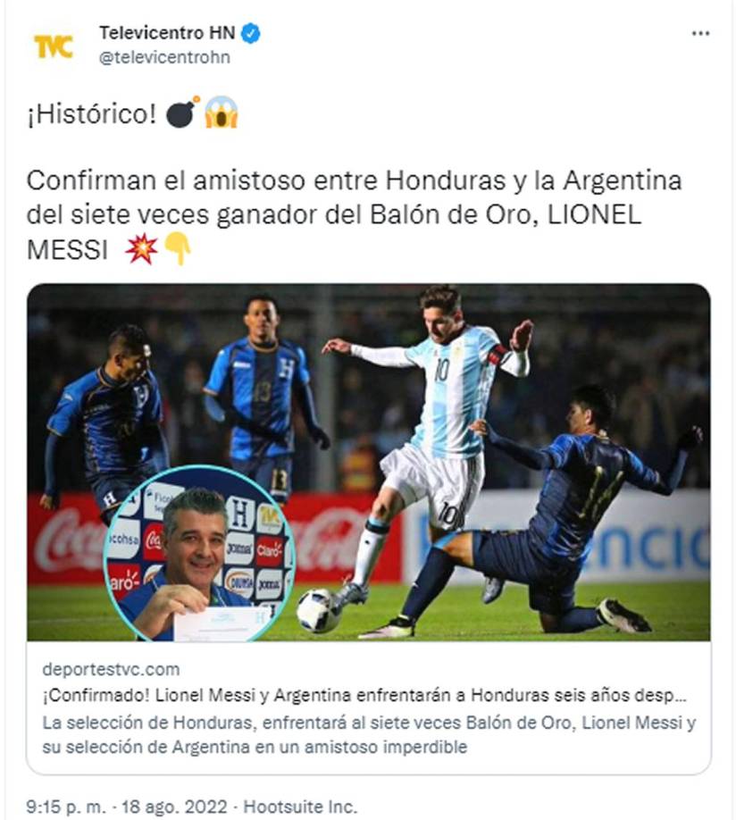 Televicentro - “¡Histórico! Confirman el amistoso entre Honduras y la Argentina del siete veces ganador del Balón de Oro, Lionel Messi”.