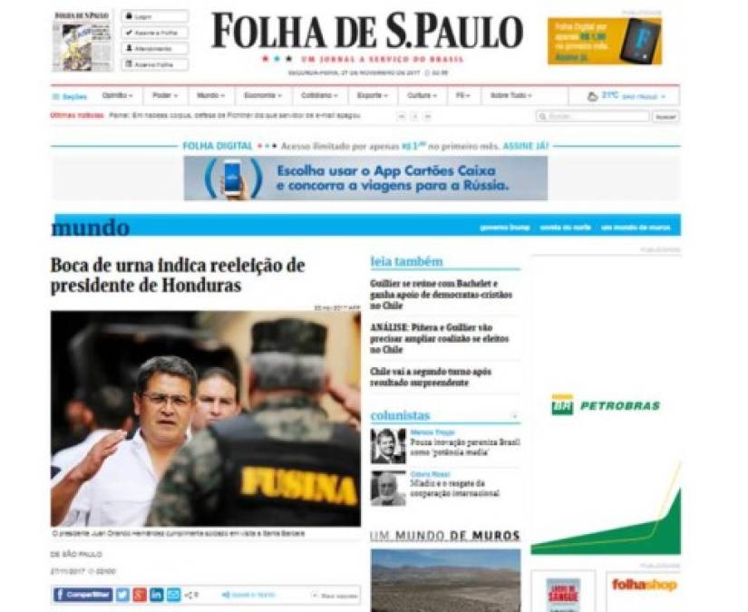 El diario brasileño Folha de Sao Paulo informa que 'boca de urna indica reelección de presidente de Honduras'.