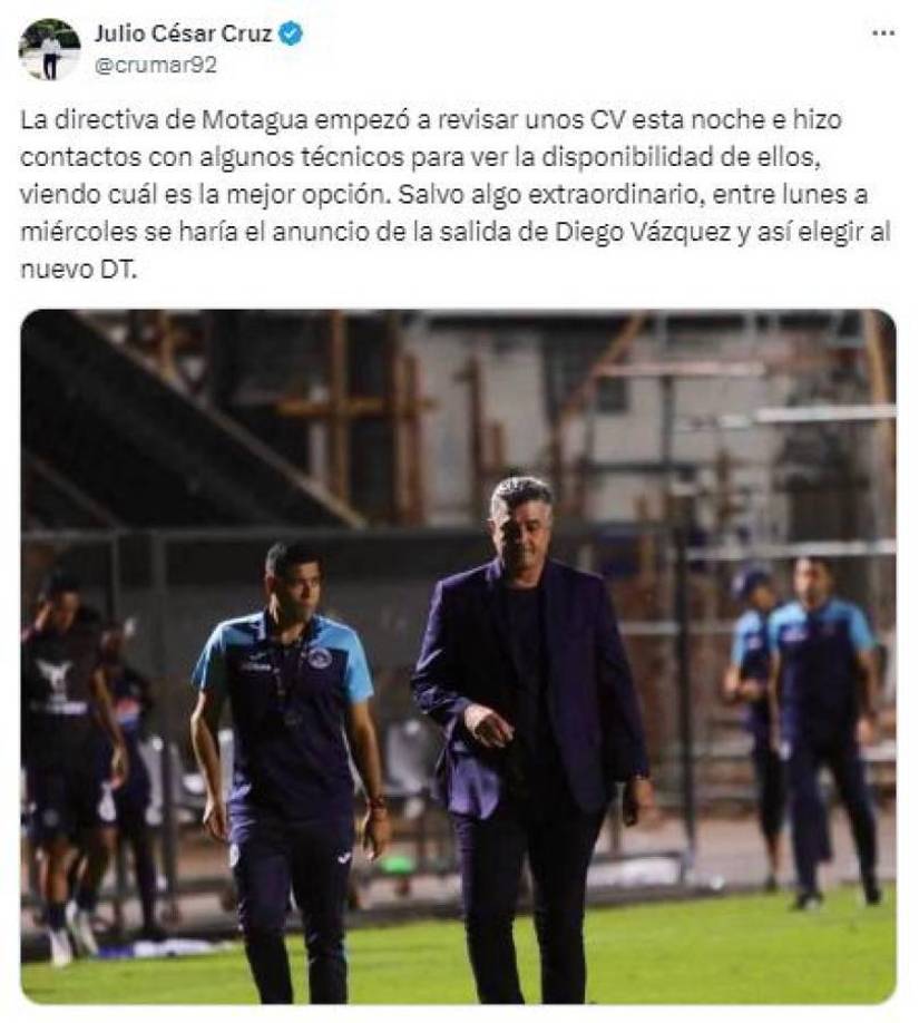 Según el reportero Julio Cruz, la directiva de Motagua estaría valorando un posible reemplazo para Diego Vázquez luego de la pobre exhibición del equipo durante esta semana.
