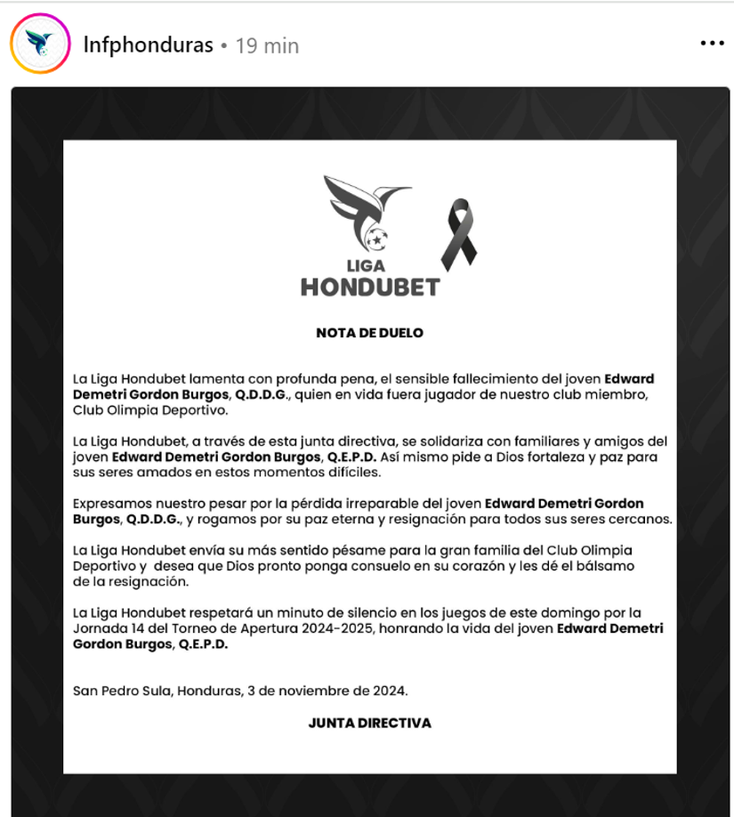 La Liga Nacional de Honduras también lamentó la muerte del joven futbolista Demetri Gordon.