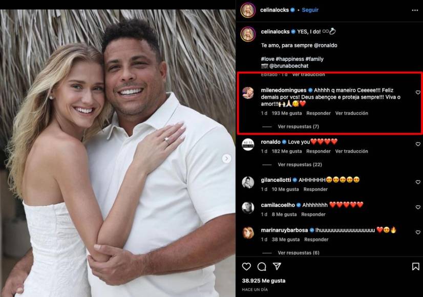 ¡Ay, qué genial Ce!”, escribió Milene Domingues, refiriéndose a la modelo de manera cariñosa por su apodo. “¡Demasiado feliz por ti! ¡Dios los bendiga y proteja siempre! ¡Viva el amor!”, agregó en su mensaje.