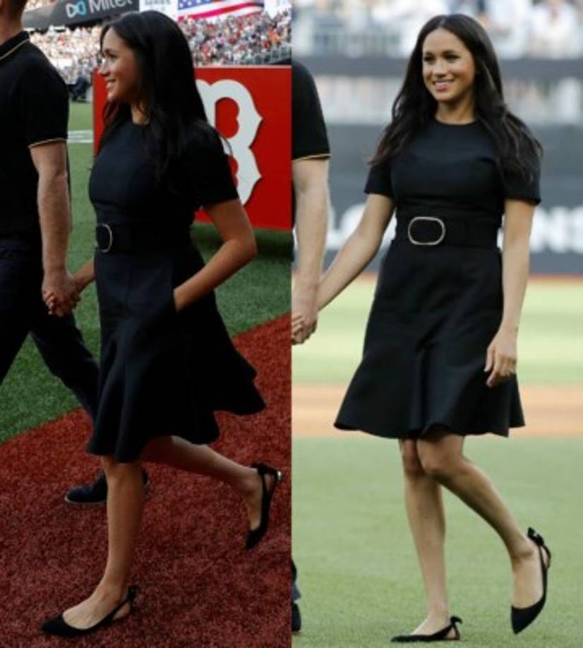 La madre primeriza definió su cintura llevando un cinturón ancho a juego con el vestido.