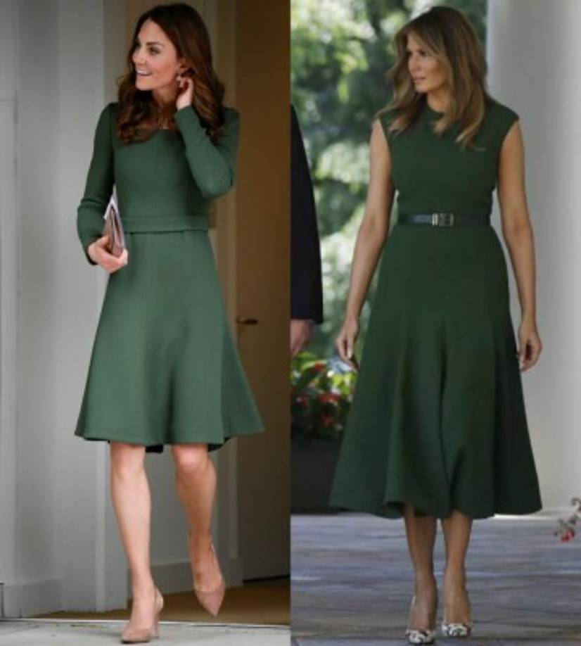 Aunque los vestidos son muy parecidos cada una lo da su toque personal.<br/>Kate Middleton combina su atuendo con tacones en color nude mientras que Melania Trump prefiere contrastar su vestido con un cinturón fino en un tono un poco más oscuro y unos tacones estampados, modelo So Kate de Christian Louboutin<br/><br/>