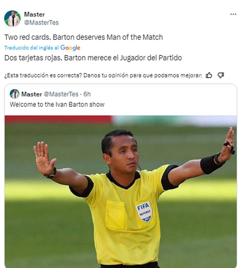 El periodista de Estados Unidos con usuario @MasterTes habló del show de Iván Barton y aseguró que “merece el Jugador del Partido”.