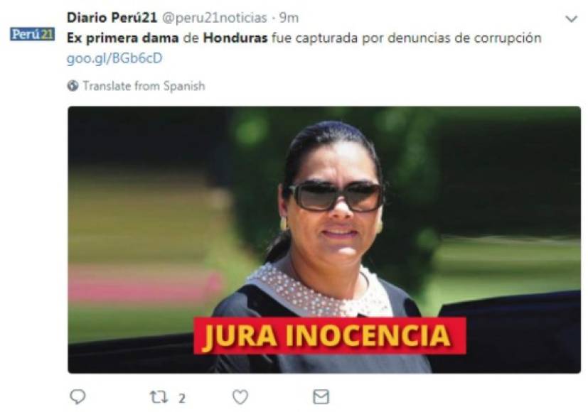 El Diario Perú 21 informó en su cuenta de Twitter sobre la captura de Rosa Elena de Lobo.
