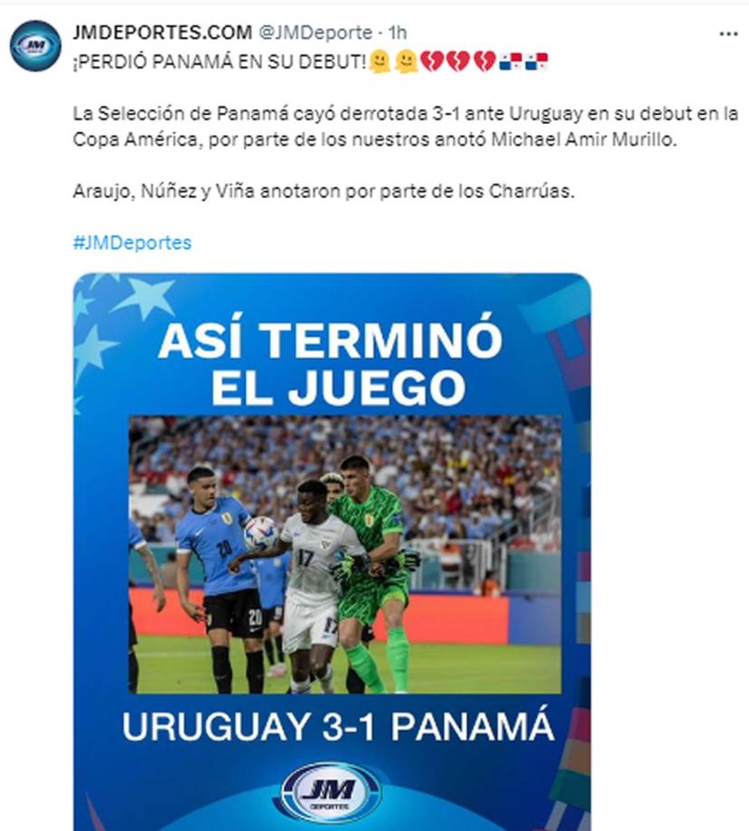 JMDeportes - “La Selección de Panamá cayó derrotada 3-1 ante Uruguay en su debut en la Copa América, por parte de los nuestros anotó Michael Amir Murillo”.
