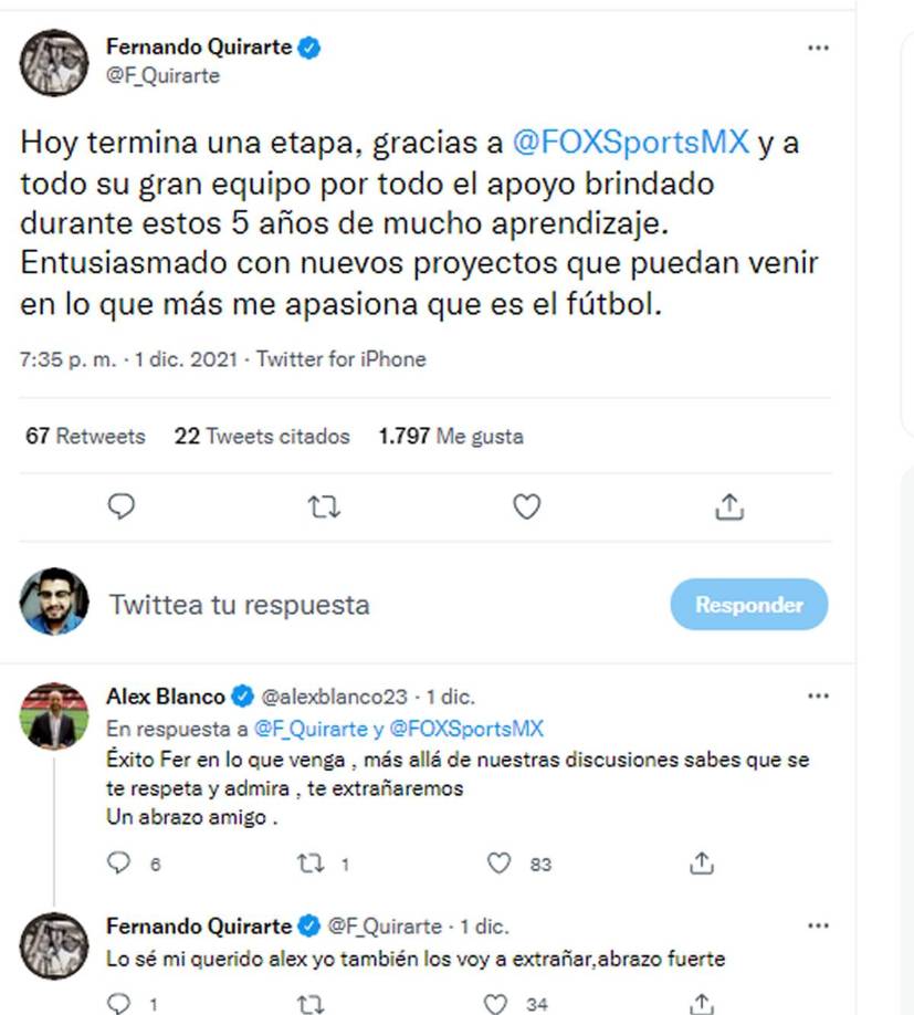 “Hoy termina una etapa, gracias a Fox Sports México y a todo su gran equipo por todo el apoyo brindado durante estos 5 años de mucho aprendizaje. Entusiasmado con nuevos proyectos que puedan venir en lo que más me apasiona que es el fútbol”, publicó el exfutbolista y analista en el programa “La Última Palabra”.