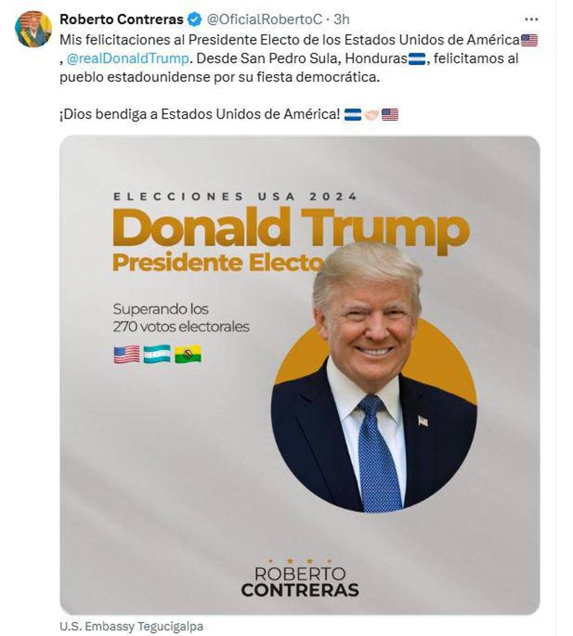“Mis felicitaciones al presidente electo de los Estados Unidos de América, Donald Trump. Desde San Pedro Sula, Honduras”, escribió Roberto Contreras, alcalde de la Capital Industrial de Honduras. 