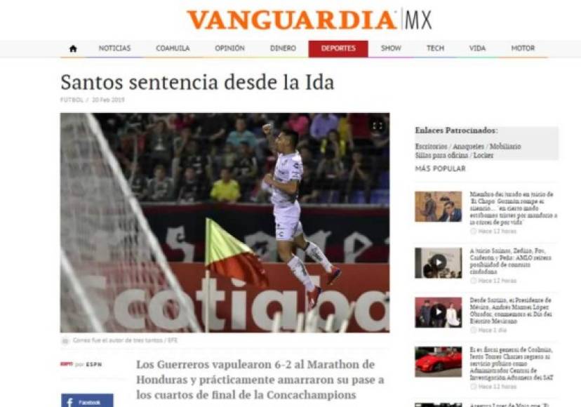 Vanguardia MX - 'Santos sentencia desde la Ida'. 'Los Guerreros vapulearon 6-2 al Marathon de Honduras y prácticamente amarraron su pase a los cuartos de final de la Concachampions'.