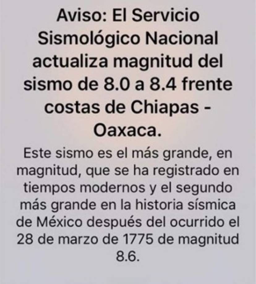 La cantante Paty Cantú dijo: 'Alerta, peligro de tsunami en costas del Pacífico. Se registra variación en el nivel del mar hasta de 1.5 metros. Tomen las medidas necesarias. Incluso evacuación'.