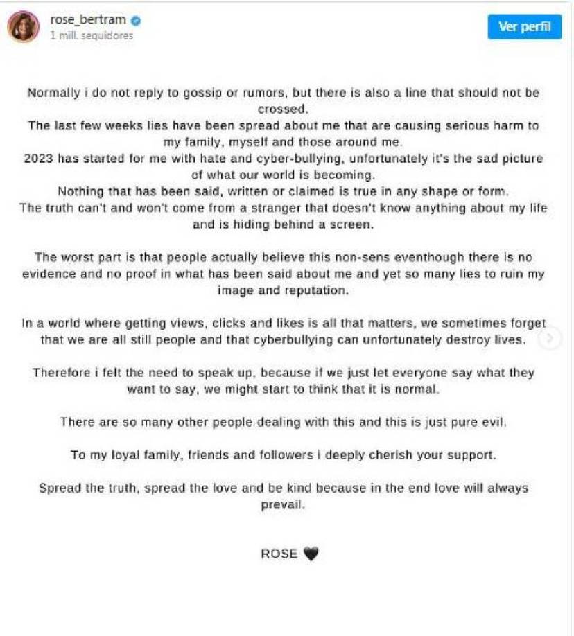 Comunicado de Rose Bertram en su cuenta oficial de Instagram..