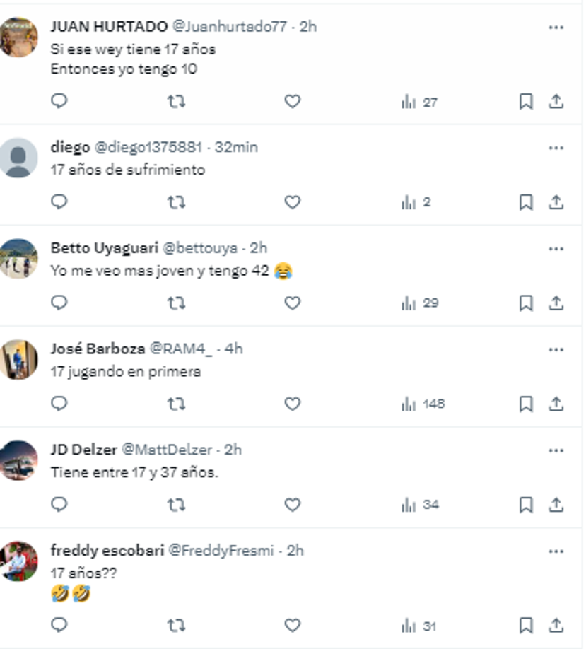 Los comentarios de los aficionados no se hicieron esperar: “Si el tiene 17, entonces yo tengo 10”, “17 años de sufrimiento” y “17 jugando e n Primera” son otras reacciones de los usuarios. 