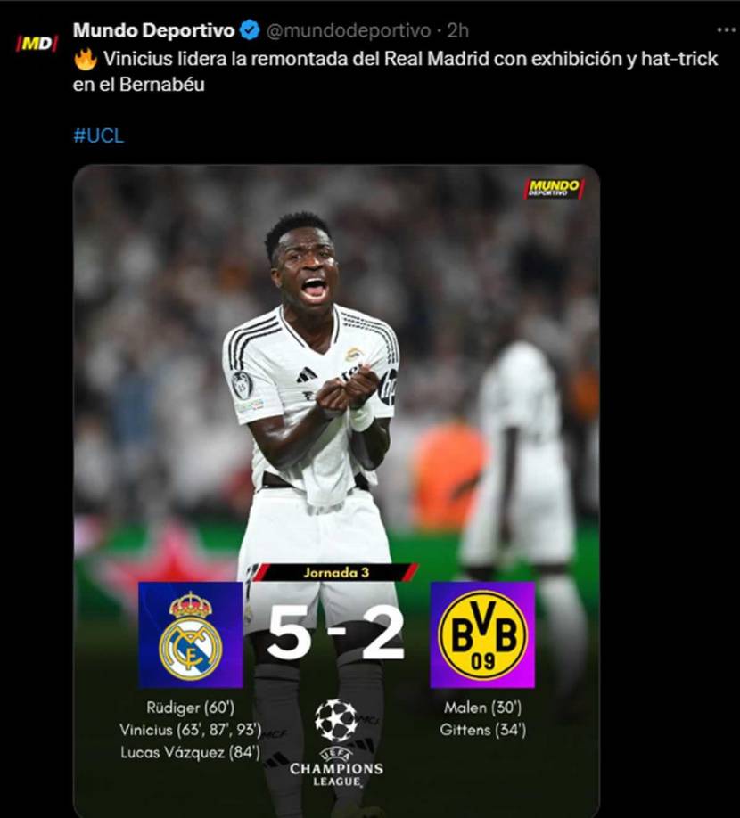 Mundo Deportivo - “Vinicius lidera la remontada del Real Madrid con exhibición y hat-trick en el Bernabéu”.