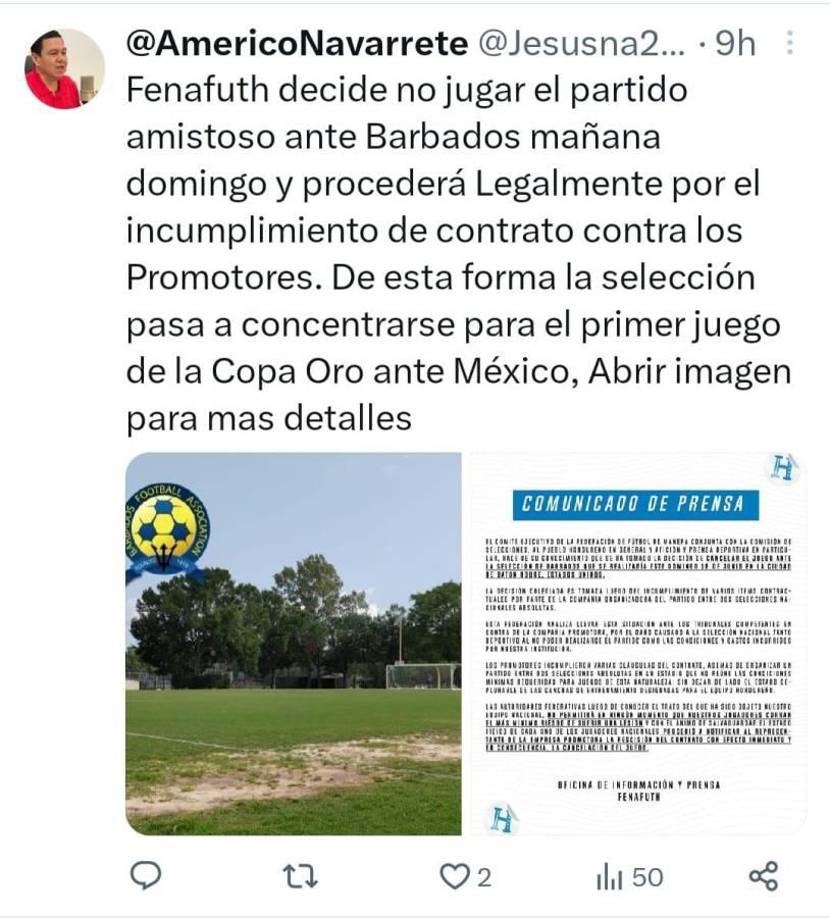 Américo Navarrete informó de la decisión legal que tomarán las autoridades de la FENAFUTH tras cancelar el amistoso ante Barbados.