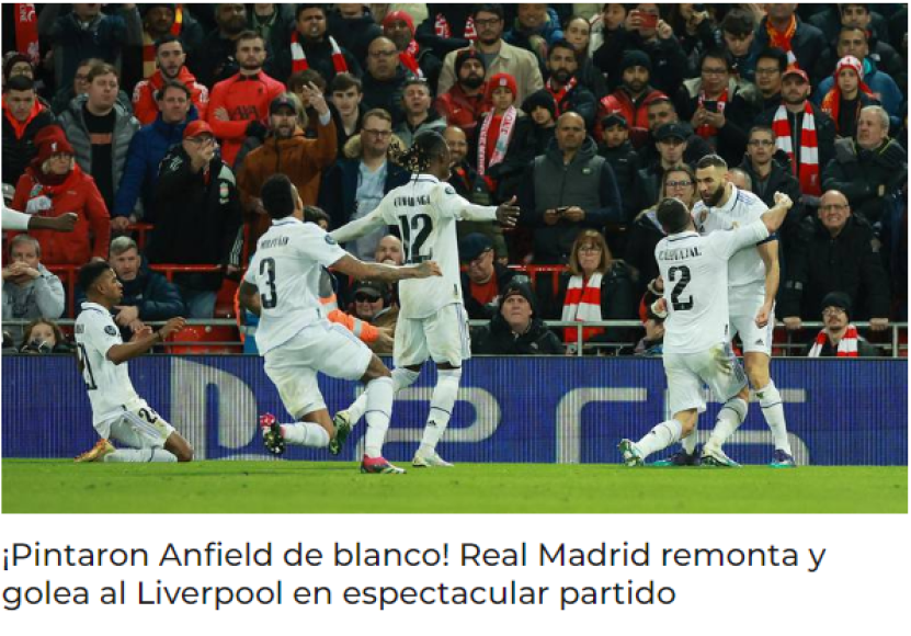 Fox Sports: “¡Pintaron Anfield de blanco! Real Madrid remonta y golea al Liverpool en espectacular partido!”. 