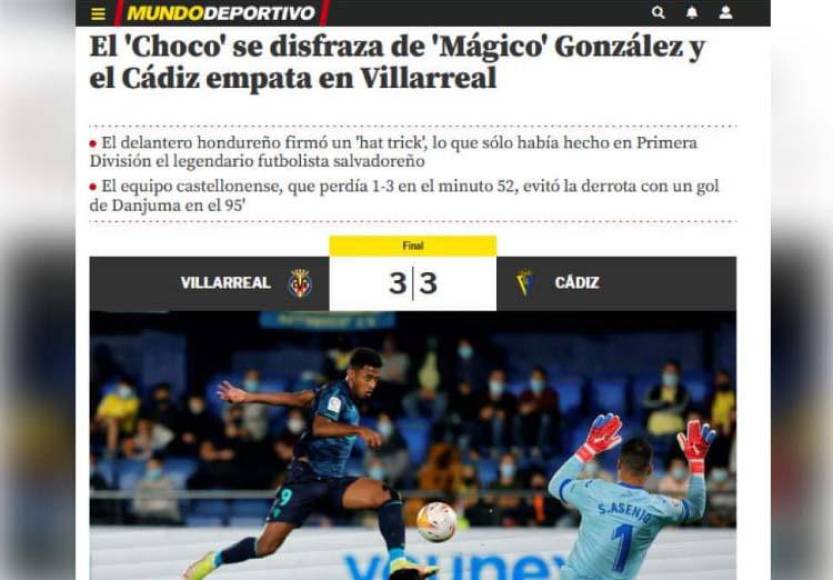 Mundo Deportivo: “El Choco” se disfraza de Mágico González y el Cádiz empata en Villarreal”.