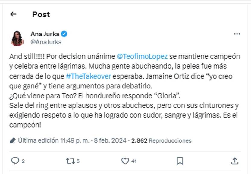 La periodista hondureña Ana Jurka celebró la victoria de Teófimo López contra Jamaine Ortiz.