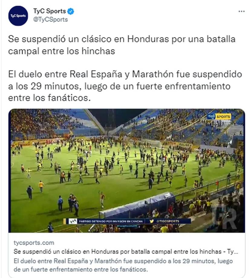 TyC Sports de Argentina - “Se suspendió un clásico en Honduras por una batalla campal entre los hinchas. El duelo entre Real España y Marathón fue suspendido a los 29 minutos, luego de un fuerte enfrentamiento entre los fanáticos”.