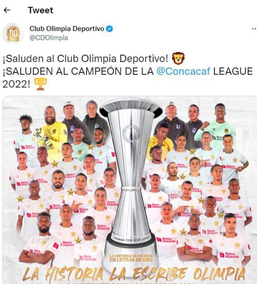 El mensaje del Olimpia en su cuenta oficial de Twitter tras consagrarse campeón de la Liga Concacaf 2022.