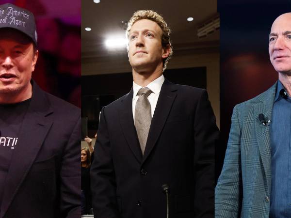 Combo de fotografías donde se observa al CEO de Tesla y director de X , Elon Musk (i) al CEO de meta, Mark Zuckerberg (c), y al presidente ejecutivo de Amazon, Jeff Bezos. EFE/ Sarah Yenesel / Tasos Katopodis / Michael Reynolds