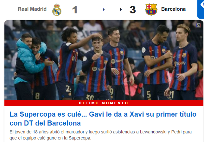 ESPN: “La Supercopa es culé...Gavi le da a Xavi su primer título como DT del Barcelona”.