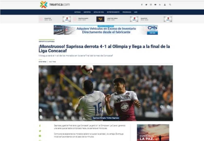 Teletica: '¡Monstruoso! Saprissa derrota 4-1 al Olimpia y llega a la final de la Liga Concacaf'.