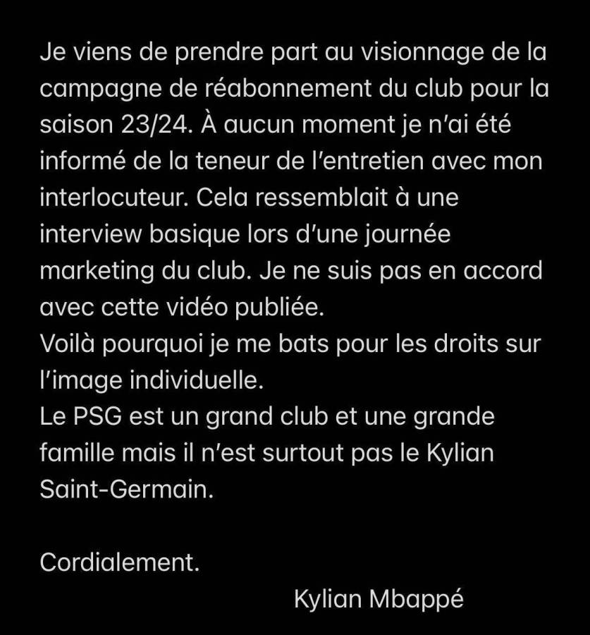 El mensaje de Mbappé en sus redes sociales en donde señala estar en desacuerdo por el video del PSG.