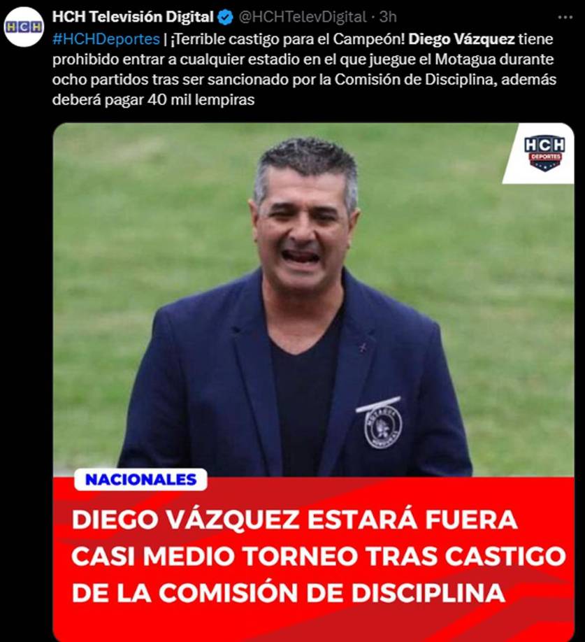 HCH - “¡Terrible castigo para el Campeón! Diego Vázquez estará fuera casi medio torneo tras castigo de la Comisión de Disciplina”.