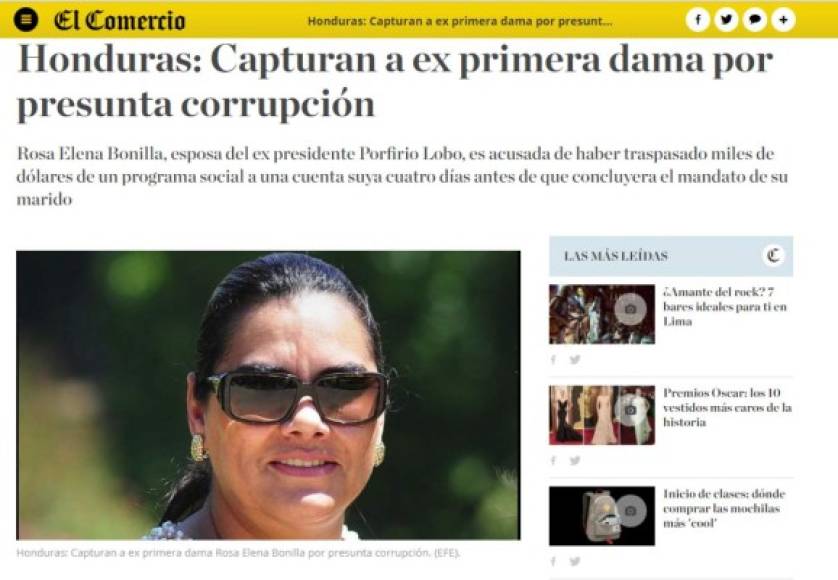 El diario El Comercio de Perú también destacó el arresto de Rosa Elena Bonilla.