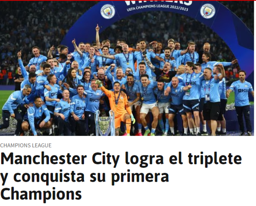 Diario AS de España: “Manchester City logra el triplete y conquista su primera Champions”.