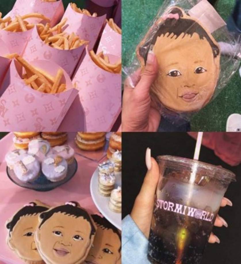 Hasta la comida y otras regalos de la fiesta tenían el rostro o nombre de Stormi. Las papas fritas se sirvieron en cajas que parecían el logotipo de Louis Vuitton, con las iniciales 'SW' de Stormi en lugar de 'LV'.