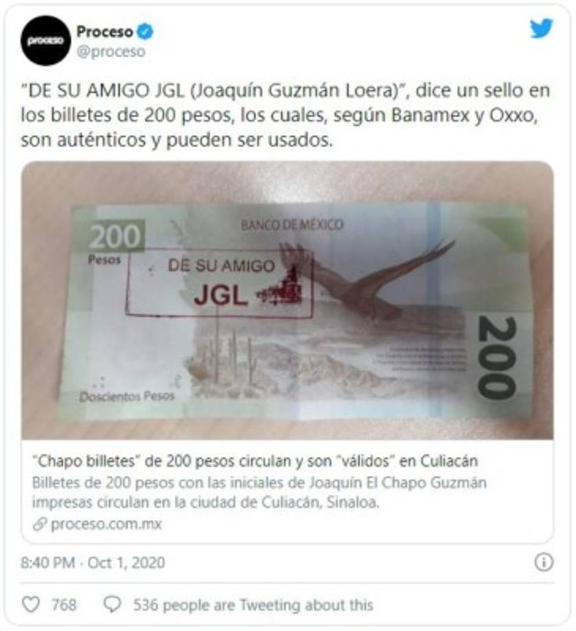 Las imágenes de los chapo billetes se viralizaron en redes sociales y medios sociales hicieron eco de 'la moneda' del narcotraficante mexicano.