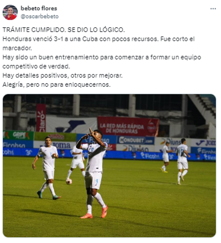 Bebeto Flores: “Trámite cumplido. Se dio lo lógico. Fue corto el marcador, hay detalles positivos, otros por mejorar. Alegría, pero no para enloquecernos”.